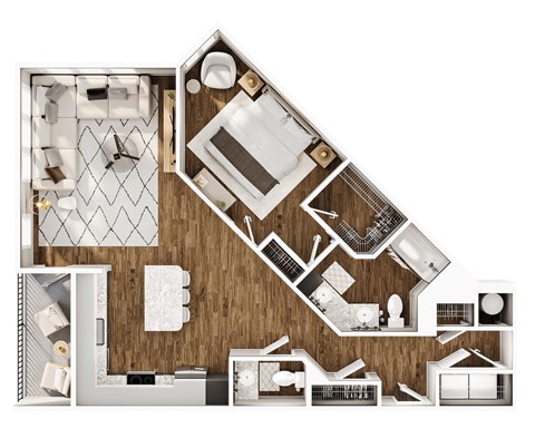 Floor plan for 1 bed, 1.5 baths, 1070 sqft
